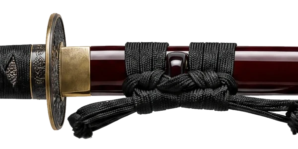 Tsuba and sageo detail — Aka tamenuri