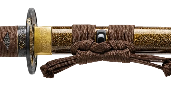 Tsuba and sageo detail — Nashiji