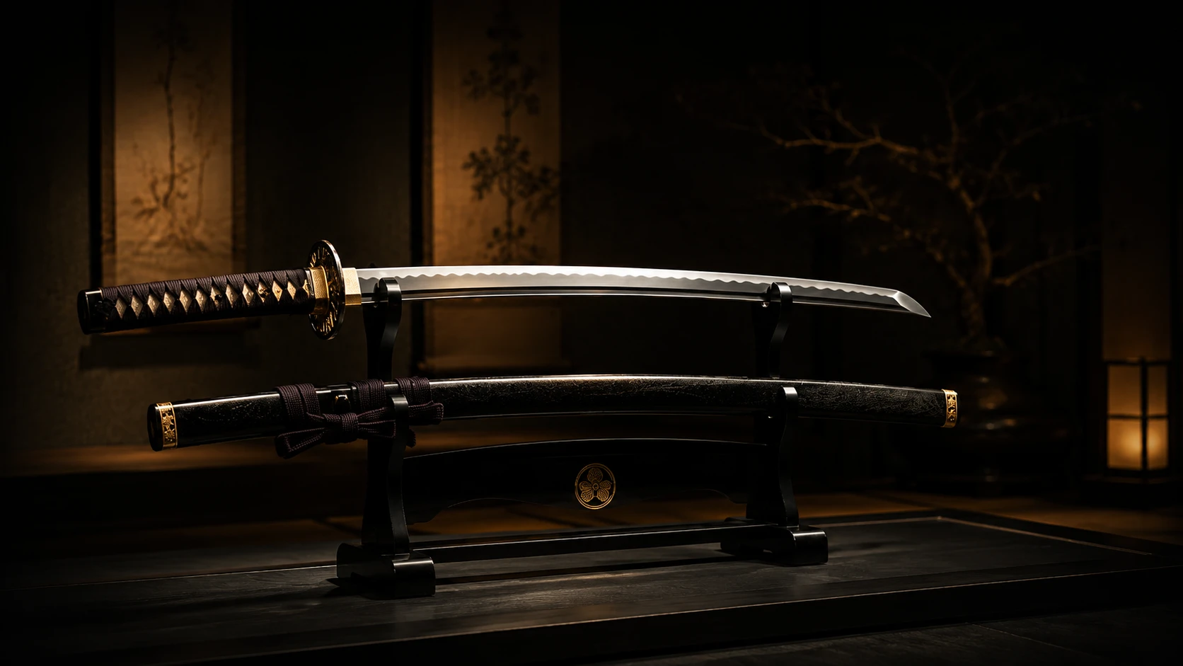 A mounted katana in koshirae, resting on a black lacquer stand before a dark tea-room wall, gold mon medallion inlaid at the stand's foot.