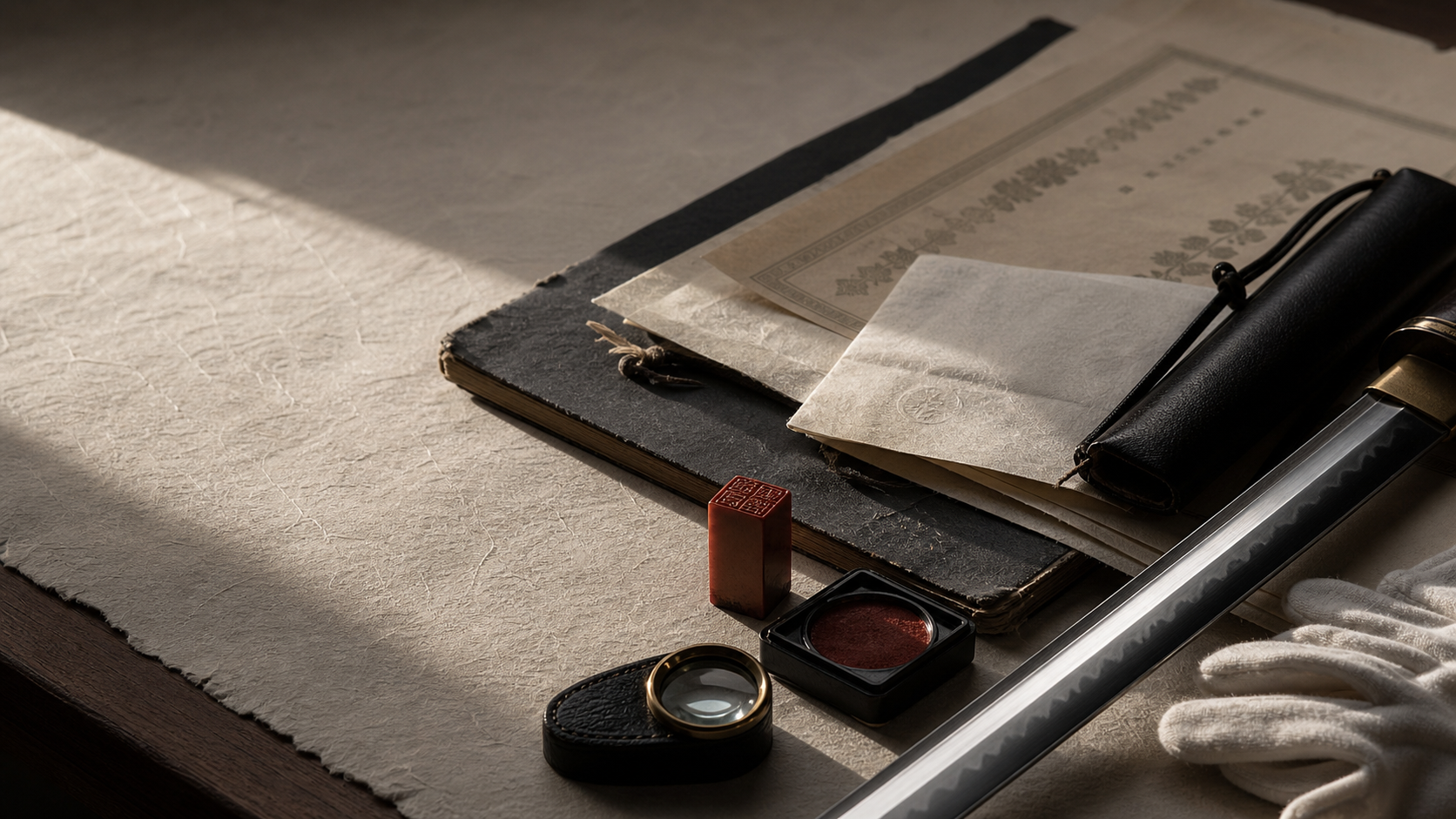 Catalogue papers, inspection tools, and a polished blade laid on washi paper.